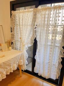 1pc/2pcs French Romantic Ruffled White Lace Pompom Curtain, Polka Dot Voile Sheer Window Curtain Panel For Living Room Divider, Kitchen, Bedroom, Balcony Privacy Protection
