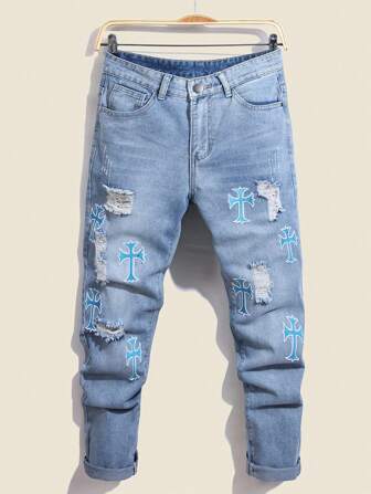 Cross Embroidery Blue Washed Denim Jeans, Fashionable Jeans, Jeans, Streetwear Style For Teenage Boys