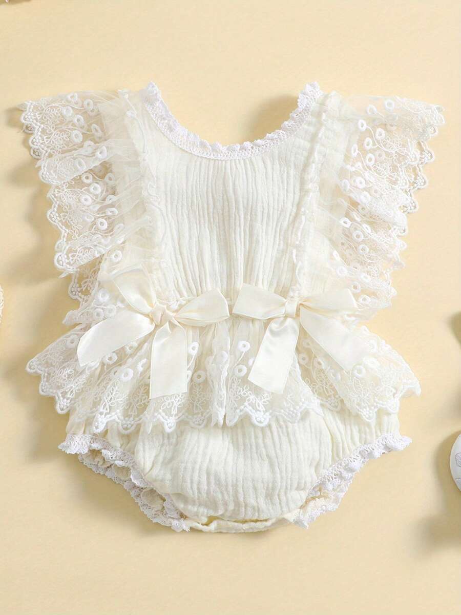 Pelele de encaje para bebé niña, ropa bohemia, conjunto de fotografía para recién nacidos, mono de encaje - Blanco - Ver 1
