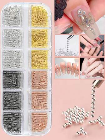 12Grids/Box Mixed Color Stainless Steel Metal Bead Nail Art Decoration 3D Mini Small 1Mm Caviar Ball Silver Charm Faux Pearl Manicure Nail Supplies Nails Nail Charms Nail Gems