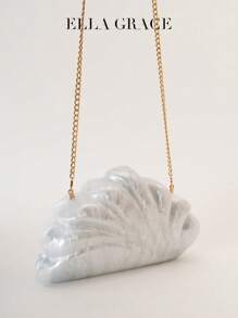 闪闪发光的云壳形亚克力晚宴包，白色和香槟金色 - 配金属链。非常适合婚礼派对、情人节、年终派对和庆祝宴会等正式场合。贴心的情人节、年终派对和庆祝宴会礼物。送礼的理想礼物 - 米色 - 查看 7