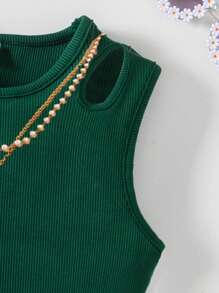 Conjunto de 2 peças de roupa casual para meninas adolescentes: regata sem mangas de malha canelada verde-menta com recortes + shorts largos com estampa floral de damasco verde-menta, adequado para uso casual diário de meninas, primavera/verão - Verde escuro - Ver 5