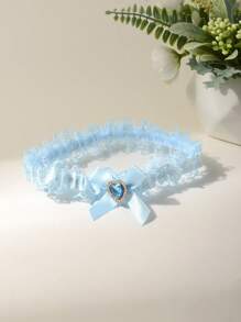Đai garter ren xanh thanh lịch có nơ và trang trí hình trái tim bằng đá giả - Phụ kiện chân cô dâu cho mùa cưới - Xanh đậm - Xem 3