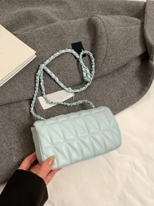 时尚绗缝 V 形斜挎包 - 女士紧凑型 PU 手提包，带安全转锁闭合 - 藍色 - 查看 9