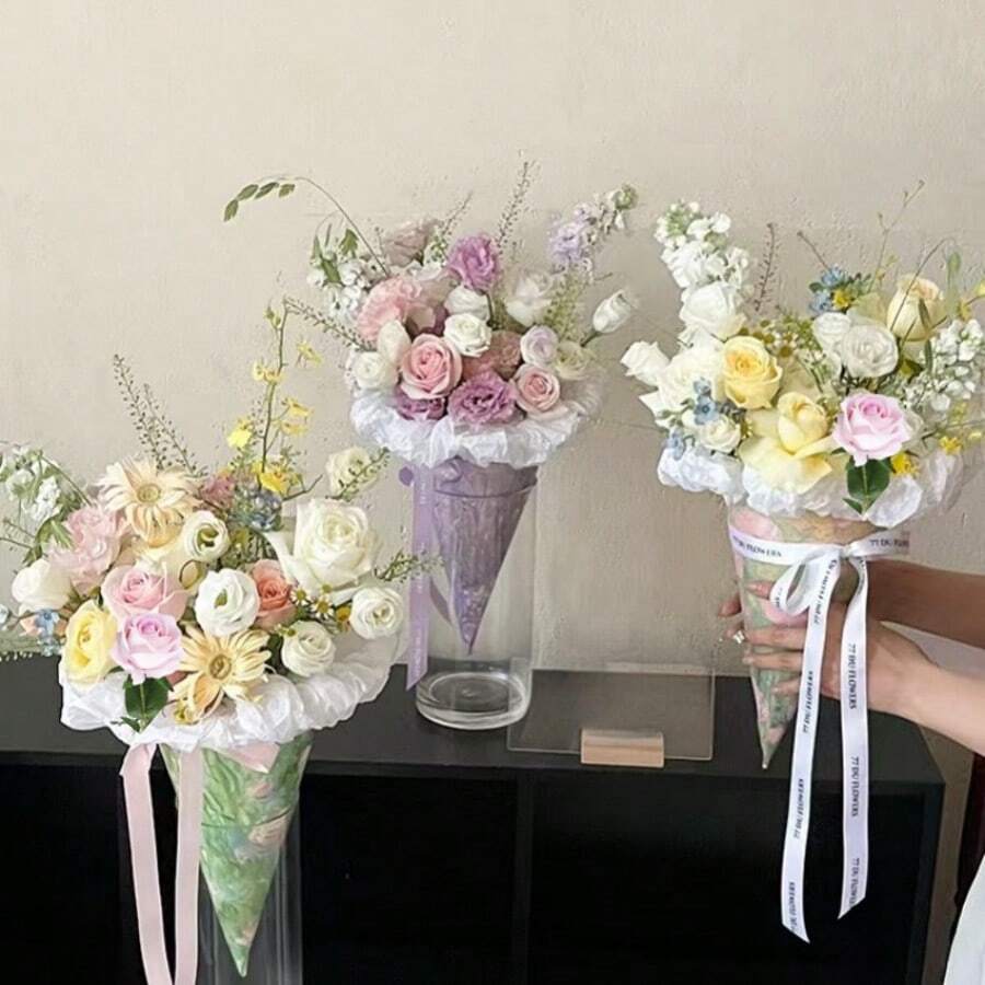 3pcs Ice Cream Flower Bouquet Wrapping Paper, Fresh Flower Gifts Package For Wedding, Floral Arrangement, Delicate Rose & Carnation - Multicolor - View 1