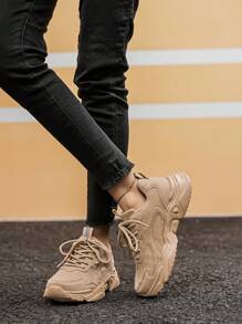 女士复古卡其色拼布前系带厚底厚底运动鞋，户外流行轻便防滑百搭舒适休闲情侣运动鞋 - 卡其色 - 查看 5