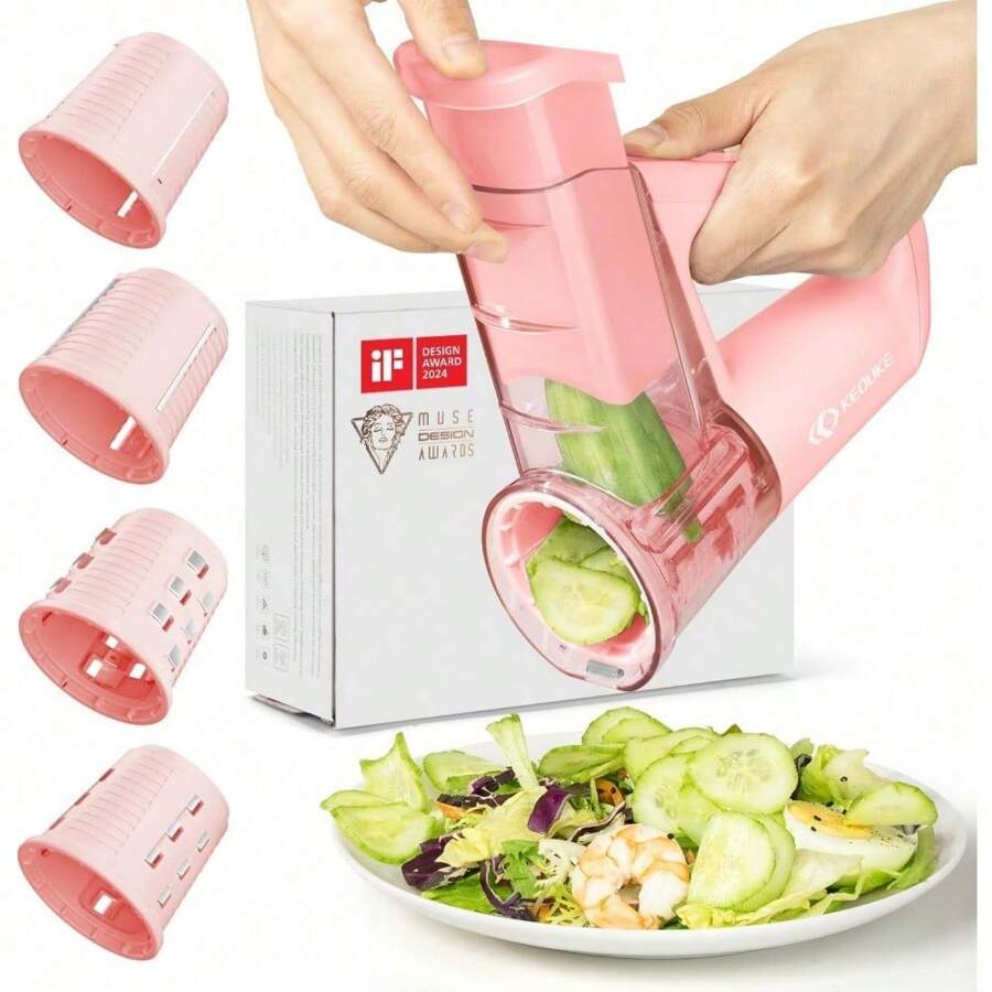 KEOUKE Electric Vegetable Slicer Handheld Cordless Salad Shooter One Touch Easy Control Rotary Grater Vegetable Shredder With Ice Shaving Blade, 4 Blades, Dual Storage Cups, Upgraded Safety, Black - 粉色 - 查看 1