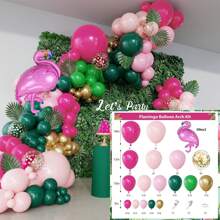 Set de 140 piezas para arco y guirnalda de globos con diseño tropical de flamencos, con globos de látex en color rosa intenso, verde oscuro y rosa claro, además de globos de papel de aluminio con diseño de flamencos, para decoración de fiesta de cumpleaños de playa, estilo hawaiano o luau de verano