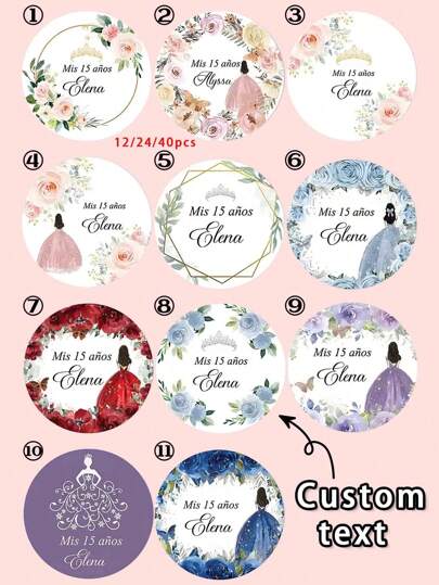 12/24/40 pegatinas personalizadas con texto para la corona del 15o cumpleaños, etiquetas de decoración de fiesta de cumpleaños personalizadas con diseños circulares de mariposas y flores, adecuadas para fiestas temáticas, fiestas de quinceañera, multifuncionales, reutilizables, ornamentales, adhesivas, exquisitas, elegantes, lindas, suaves, coloridas, de dibujos animados, personalizadas, únicas, regalos ideales para él, el hogar, la escuela, el comedor, la sala de estar, el dormitorio, la sala de té, la oficina, útiles escolares, decoración navideña, renovación otoñal del hogar
