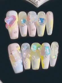 10pcs Asymmetrical Shaped Casket, Macaron Color, Handmade 3D Dopamine Candy Jewel Crystal Varied Gradient Nail Art Decals, Suitable For Parties, Cosplay, Festivals, Dates, Music Events. Detachable, Reusable Nail Stickers, Includes 1pc Jelly Gel + 1pc Nail Pusher