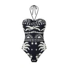 2025 Stroje plażowe dla kobiet Strój kąpielowy, wygodny poliester Nadruk Seksowny marszczony kostium kąpielowy z dekoltem typu halter na wakacje na plaży Swobodny Stylowy