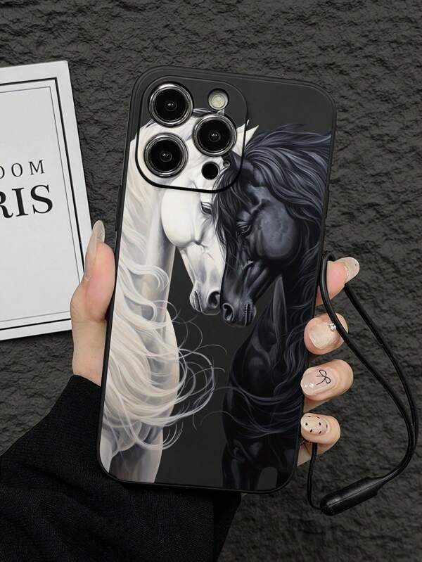 1 pieza Funda de teléfono rígida y mate con estampado de caballo de dos tonos negro y blanco, patrón de animal fresco con contraste de color, compatible con iPhone Apple X/XS/XSMAX/XR/11/12/13/14/15/16/16PRO/16PROMAX, Galaxy A05/A15/A25/A35/A53/A54/A55/A56/S23/S24/25