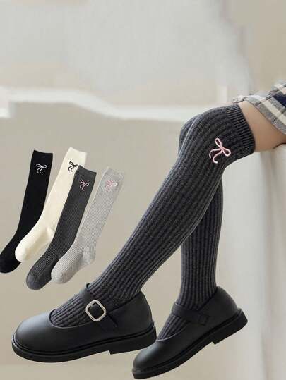 2 Pairs Girls Over The Knee Socks With Embroidery, Long Cotton Tube Socks For Lolita Style, Suitable For Spring, Autumn & Winter