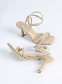 女士纯色时尚高跟凉鞋，踝带设计，细高跟交叉绑带凉鞋，春夏穿搭 - 杏色 - 查看 3