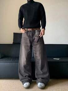 1pc Men's High Street Casual Versatile Loose Fit Distressed Wide Leg Jeans