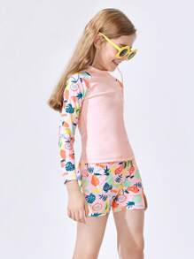 Balabala Tween Girl Tropical Plant Print Raglan Sleeve Top And Shorts Swimsuit Set - Yellow - View 2