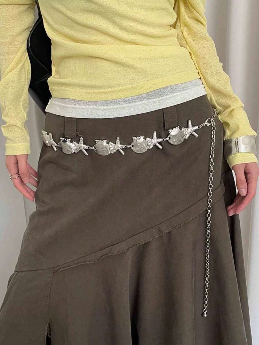 1pc Silver-Color Alloy Shell & Starfish Bohemian Style Waist Chain For Women