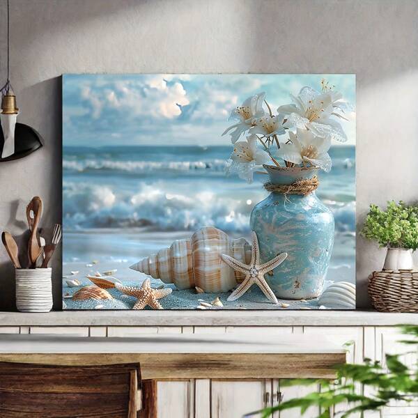 Charming Beach-Themed Canvas Art With Posters Of Flowers, Starfish And Shells - 1 Piece Of Wood Framed Oil Painting (3) Thickness 2.25 Cm/0.9 Inch- Home Decoration For All Occasions - Ideal New Year, Valentine's Day, Thanksgiving, Easter, Christmas Gift , Room Decoration Aesthetic, Wall Decoration Art, Perfect Gift, Autumn And Winter Wall Decoration, Living Room Decoration, Bedroom Decoration, Kitchen Decoration, Entry Decoration, Bathroom Decoration, Direct Wall Painting, High Quality Wall Painting Poster
