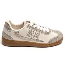Women's Flat Sneakers | Shiny Embellishments And Laces - Beige - View 2