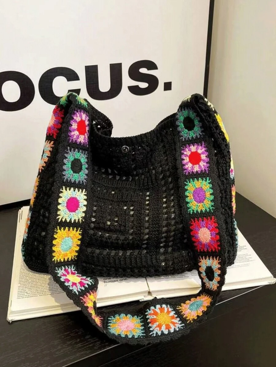 Korean Fashion Knitting Bag Bohemian Style Knitting Bag Holiday Wind Hollow Knitting Bag, Flower Pattern Decorative Messenger Bag Shoulder Bag Hook Bag Female Bag, Suitable For Travel, Seaside Holiday Use., Perfectly Matching With Vacation Outfits Women