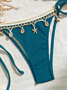 Bikinx Conjunto de bikini de copa triangular para playa con decoración de cinta de unicolor, puntada y concha, con cordones