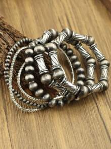6pcs/Set Handmade Style Totem Carved Antique Silver Effect Bead Buttons Stackable Elastic Bracelets Set, Pattern Beads Multi-Piece Stretch Bracelet