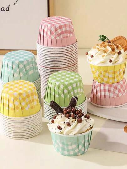 50 个复古格子松饼杯（带盖/不带盖）- 耐热、装饰性纸质烘焙衬垫，带卷边，适用于纸杯蛋糕和甜点，多色节日装饰包（万圣节/圣诞节/复活节/感恩节）