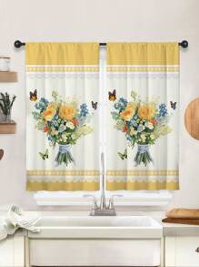 2 件向日葵印花厨房窗帘，无孔窗帘，适用于卧室办公室厨房客厅书房家居装饰 - 彩色 - 查看 2