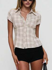 Women's Y2K Plaid Shirt Button-Up Short Sleeve Collared Slim Fit Casual Summer Blouse Tops - Cà phê nâu - Xem 3
