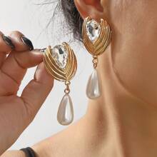 1 Pair Elegant Geometric Metal Rhinestone & Pearl Decorative Pendant Earrings, Suitable For Women's Daily Wear