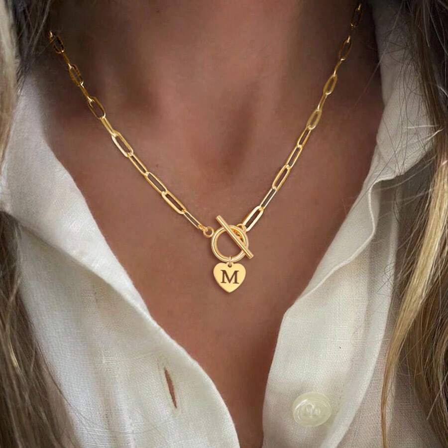 1件简约心形镂空字母吊坠，经典不锈钢T字形回形针链项链，女士 - 心形鏤空字母 - 查看 1