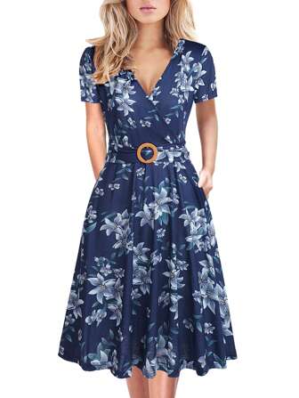 女士优雅深 V 领口袋连衣裙