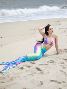 Carolina Barros بطباعة قشور السمك طقم بيكيني مثلث حمالة صدر & سروال بيكيني & ذيل حورية البحر تنورة بتغطية 3قطعات بدلة سباحة