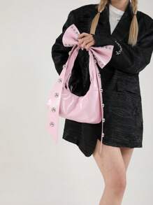 Bolso de mano vintage rosa con personalización de remaches y moño desmontable con forma de media luna de 2 vías, de gran capacidad, tipo bandolera y de hombro, adecuado para primavera/verano, oficina, viajes, casual, compras, citas, regalo para mujeres jóvenes, estudiantes y damas trabajadoras