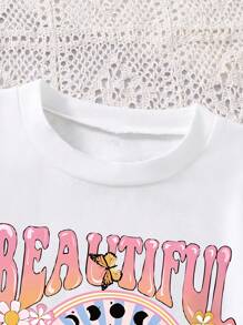 2pcs/Set Tween Girls Cartoon Letter Print Short Sleeve Top And Mini Skirt