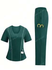 Ensemble uniforme pour femmes, Top à manches courtes et pantalon avec bordure contrastante, ensemble de blouse d'été