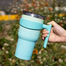 Vaso de  con asa de acero inoxidable con tapa y popote para mujer, color verde lavanda - Menta - Ver 6