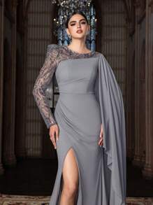 Abito da sera elegante Faeriesty con maniche lunghe, asimmetrico, con perline e mantella in chiffon - scollo tondo e spacco alto, combinazione di tessuto con perline e chiffon per matrimoni e gala primaverili ed estivi (eleganza di lusso, fascino sofisticato) - Grigio - Visualizzare 7