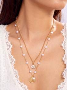 2 Stücke Boho Stil Doppelschicht Seestern Muschel Perlen Kette Halskette, goldfarbenes Metall, geeignet für Frauen Strand, Party, Date, Zusammenkünfte