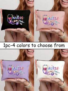 Polychrome Makeup Bag With Creative Patterns Related To The Nurse Theme, A Storage Bag With The Letter "Nurse", Which Can Store Medical , A Multifunctional Beauty Bag,Handbag, Coin Purse, Miscellaneous Storage, Medication Classification