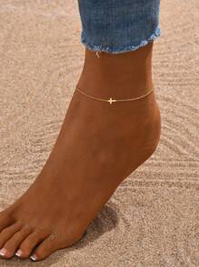 1pc Women's Gold Stainless Steel Cross Anklet, Fashion Jewelry Beach Accessories 18K Gold Plated