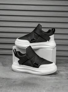 1 Pair Children Sports Shoes, Novel Color Matching Skateboard Shoes, PU Leather Upper, Indoor/Outdoor Casual Running Shoes, Easy To Wear, Lightweight, Anti-Slip, Breathable, Comfortable, New Fashion Academy Style, Boys & Girls, Chunky Sneakers