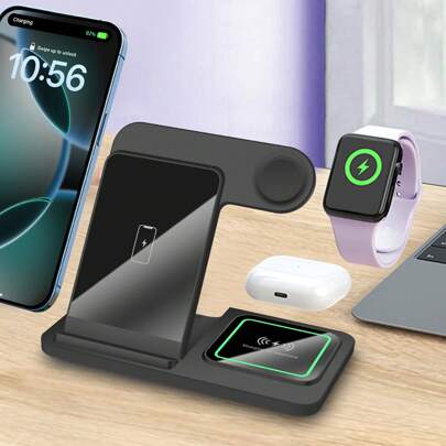 3-i-1 snabb trådlös laddningsdockningsstation kompatibel med iPhone 17/16/15/14 Pro Max/14 Pro/14 Plus/13/12/11/X/8-serien, kompatibel med Apple Watch Ultra/SE/10/9/8/7/6/5/4/3/2, kompatibel med Pro/3 flera enheter hopfällbar bärbar laddningsstation