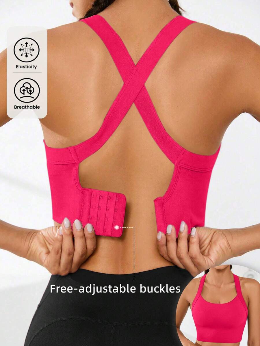 Seamless High-Elasticity And High-Support Sports Bra,Women Underwear Detachable Chest Pad With Cross-Strap Design,Women's Fitness Solid Color Simple Yoga Bra,Women Soft And Comfortable Sports Tops ,Multi-Color Options (Black/Brown/Blue/Hot Pink/Gray/Red) - 玫紅色 - 查看 1