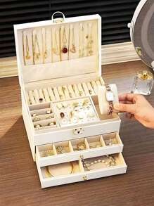 Vintage Jewelry Box With Removable Tray, Mirror And Lock - 3-Tier Storage, Holds Necklaces, Earrings, Watches | Multifunctional Desktop Organizer With Drawers | Ideal Gift For Mother's Day, Christmas, Labor Day | Unfinished Rectangular Design With Key Lock - Multicolor - View 3