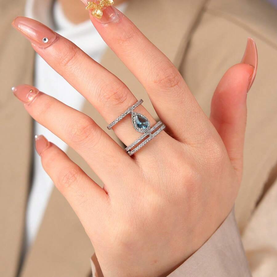 1pc Fashionable & Elegant Crystal Decorated Multi-Layer Ring - Silver - View 1
