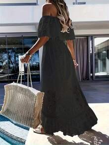 Long Floral Embroidery See-Through Lace Trim Off Shoulder Ruffle Hem Casual Dress, Boho & Bohemian Style, Spring/Summer - Black - View 2