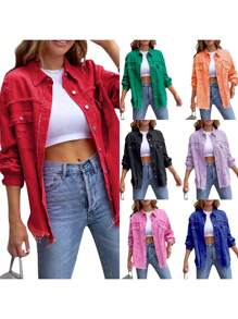Women's Jeans Coat Ripped Distressed Denim Jacket Long Sleeve Button Down Boyfriend Jeans Coat Trucker Jacket - Red - View 2