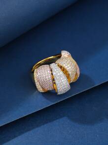 قطعة واحدة من المجوهرات السميكة من مادة النحاس، خاتم كبير مرصع بالكامل بالزركونيا الثقيلة، سحر الموضة، مناسب كهدية للنساء، للارتداء في العطلات والاستخدام اليومي - 021565-2 - مشاهدة 7
