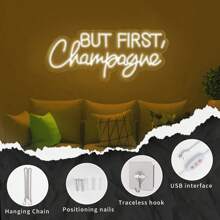 1 Pc "But First,Champagne"Champagne Celebration LED Neon Sign - USB Powered, Perfect For Home Bar, For Man Cave, Weddings, Birthdays & Parties - Easy Hang Wall Decor, 16.5"X7", Warm Light